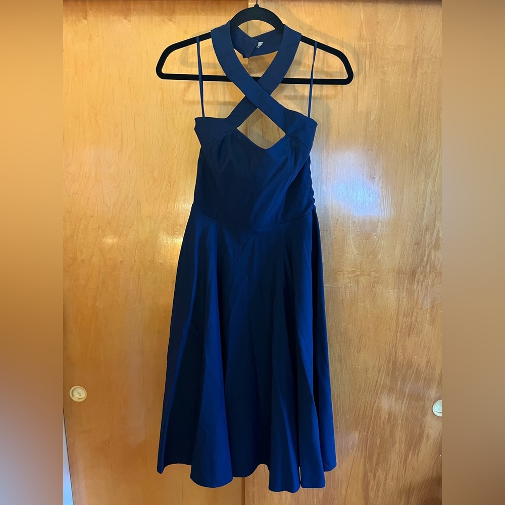 Unique Vintage neck wrap midi dress navy blue size Small/4